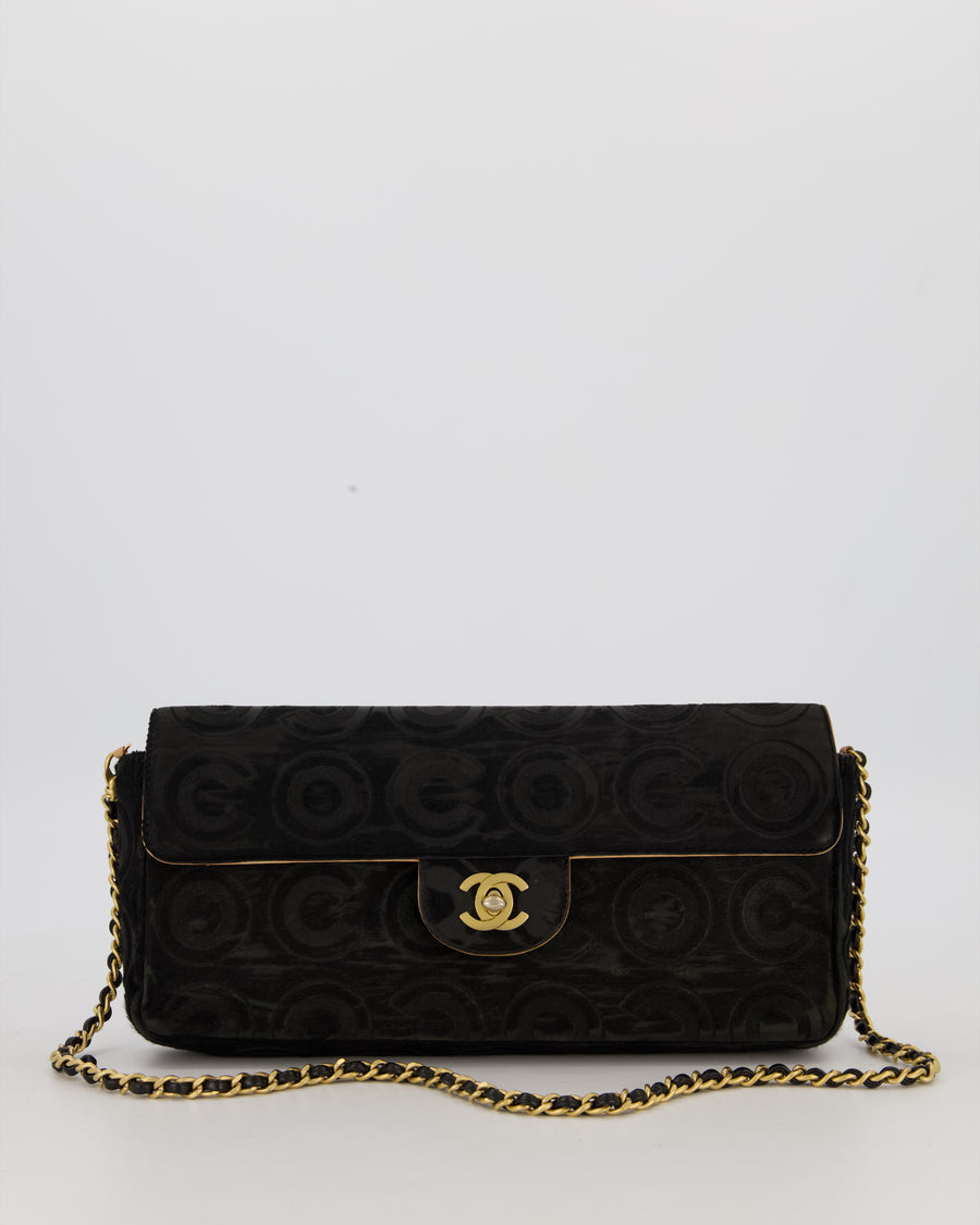 Chanel East West Flap Bag in Black Pony Hair with Coco Prints and Gold Hardware