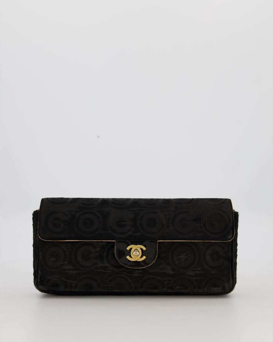 Chanel East West Flap Bag in Black Pony Hair with Coco Prints and Gold Hardware