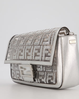 Fendi x Nicki Minaj Metallic Silver Baguette Medium Shoulder Bag in PVC and Leather with Silver Sequin Zucca Print and Silver Hardware