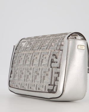 Fendi x Nicki Minaj Metallic Silver Baguette Medium Shoulder Bag in PVC and Leather with Silver Sequin Zucca Print and Silver Hardware