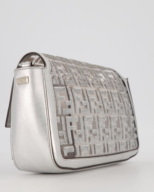 Fendi x Nicki Minaj Metallic Silver Baguette Medium Shoulder Bag in PVC and Leather with Silver Sequin Zucca Print and Silver Hardware
