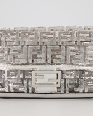 Fendi x Nicki Minaj Metallic Silver Baguette Medium Shoulder Bag in PVC and Leather with Silver Sequin Zucca Print and Silver Hardware