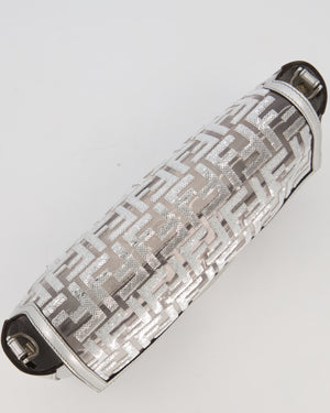 Fendi x Nicki Minaj Metallic Silver Baguette Medium Shoulder Bag in PVC and Leather with Silver Sequin Zucca Print and Silver Hardware