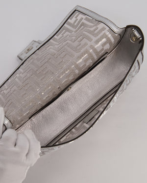 Fendi x Nicki Minaj Metallic Silver Baguette Medium Shoulder Bag in PVC and Leather with Silver Sequin Zucca Print and Silver Hardware