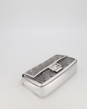 Fendi x Nicki Minaj Metallic Silver Baguette Medium Shoulder Bag in PVC and Leather with Silver Sequin Zucca Print and Silver Hardware