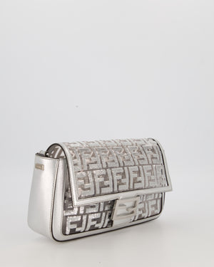 Fendi x Nicki Minaj Metallic Silver Baguette Medium Shoulder Bag in PVC and Leather with Silver Sequin Zucca Print and Silver Hardware