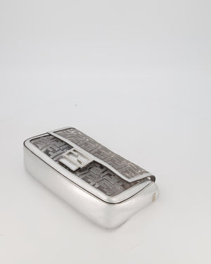 Fendi x Nicki Minaj Metallic Silver Baguette Medium Shoulder Bag in PVC and Leather with Silver Sequin Zucca Print and Silver Hardware