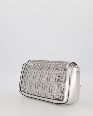 Fendi x Nicki Minaj Metallic Silver Baguette Medium Shoulder Bag in PVC and Leather with Silver Sequin Zucca Print and Silver Hardware