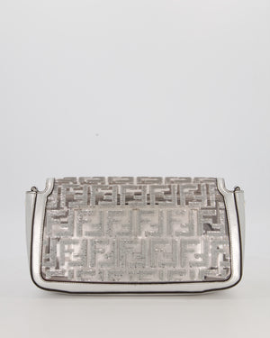 Fendi x Nicki Minaj Metallic Silver Baguette Medium Shoulder Bag in PVC and Leather with Silver Sequin Zucca Print and Silver Hardware
