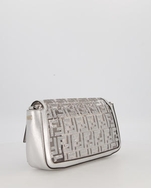 Fendi x Nicki Minaj Metallic Silver Baguette Medium Shoulder Bag in PVC and Leather with Silver Sequin Zucca Print and Silver Hardware