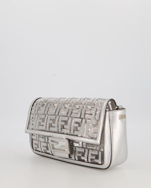 Fendi x Nicki Minaj Metallic Silver Baguette Medium Shoulder Bag in PVC and Leather with Silver Sequin Zucca Print and Silver Hardware