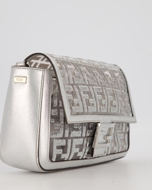 Fendi x Nicki Minaj Metallic Silver Baguette Medium Shoulder Bag in PVC and Leather with Silver Sequin Zucca Print and Silver Hardware
