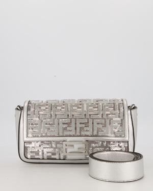 Fendi x Nicki Minaj Metallic Silver Baguette Medium Shoulder Bag in PVC and Leather with Silver Sequin Zucca Print and Silver Hardware