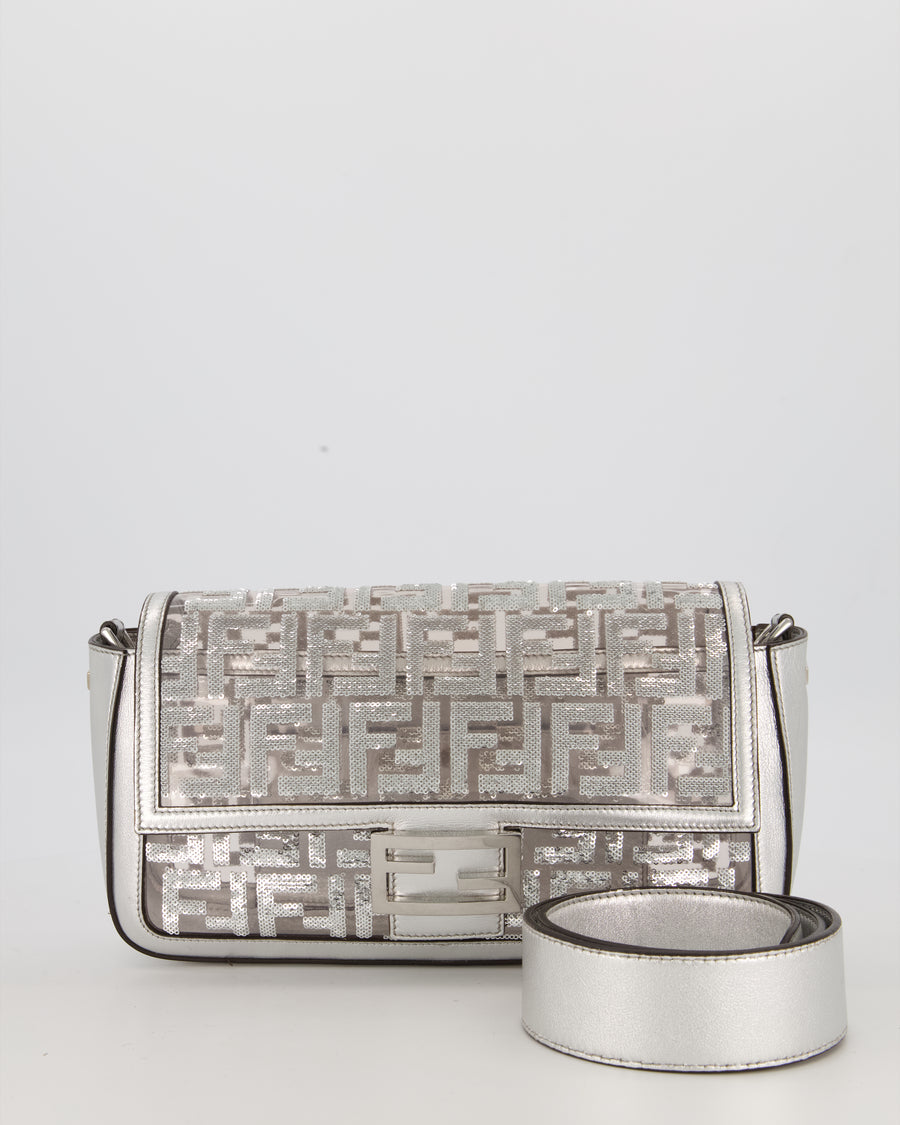Fendi x Nicki Minaj Metallic Silver Baguette Medium Shoulder Bag in PVC and Leather with Silver Sequin Zucca Print and Silver Hardware