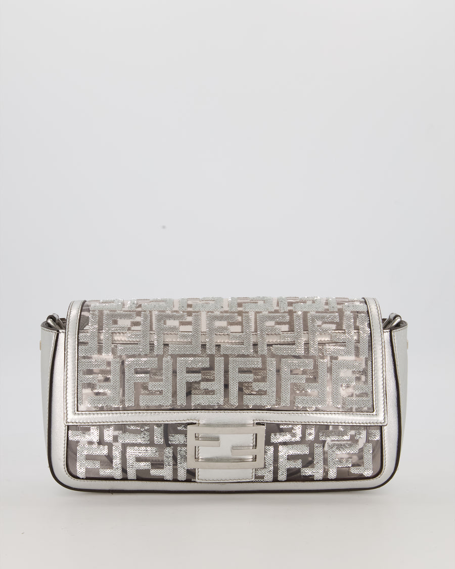 Fendi x Nicki Minaj Metallic Silver Baguette Medium Shoulder Bag in PVC and Leather with Silver Sequin Zucca Print and Silver Hardware