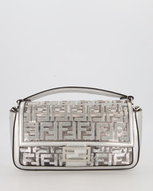 Fendi x Nicki Minaj Metallic Silver Baguette Medium Shoulder Bag in PVC and Leather with Silver Sequin Zucca Print and Silver Hardware