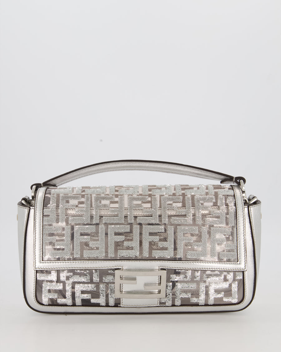 Fendi x Nicki Minaj Metallic Silver Baguette Medium Shoulder Bag in PVC and Leather with Silver Sequin Zucca Print and Silver Hardware