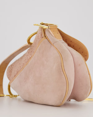 Christian Dior Medium Saddle Bag in Pink Shearling and Ostrich Leather with Gold Hardware and Beige Trim