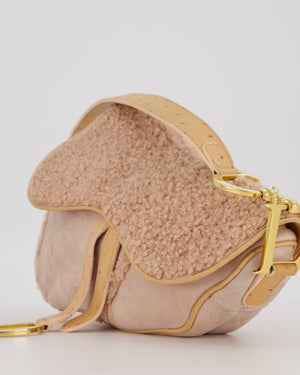 Christian Dior Medium Saddle Bag in Pink Shearling and Ostrich Leather with Gold Hardware and Beige Trim