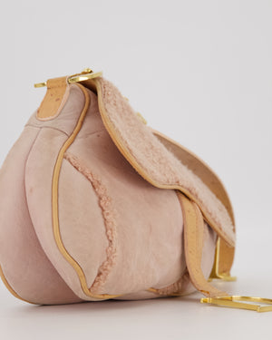 Christian Dior Medium Saddle Bag in Pink Shearling and Ostrich Leather with Gold Hardware and Beige Trim