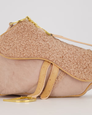 Christian Dior Medium Saddle Bag in Pink Shearling and Ostrich Leather with Gold Hardware and Beige Trim