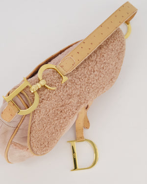 Christian Dior Medium Saddle Bag in Pink Shearling and Ostrich Leather with Gold Hardware and Beige Trim