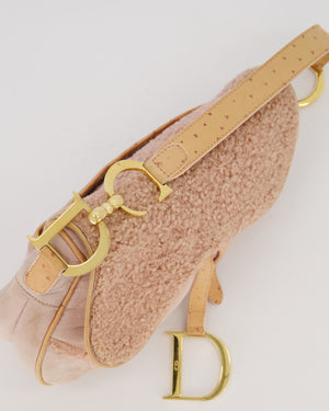 Christian Dior Medium Saddle Bag in Pink Shearling and Ostrich Leather with Gold Hardware and Beige Trim