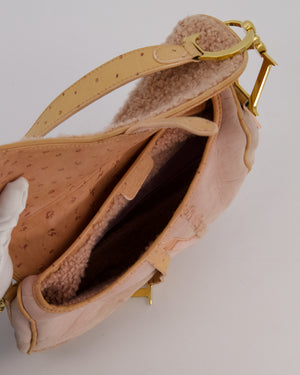 Christian Dior Medium Saddle Bag in Pink Shearling and Ostrich Leather with Gold Hardware and Beige Trim