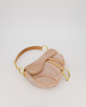 Christian Dior Medium Saddle Bag in Pink Shearling and Ostrich Leather with Gold Hardware and Beige Trim