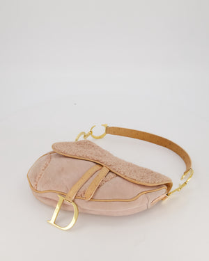 Christian Dior Medium Saddle Bag in Pink Shearling and Ostrich Leather with Gold Hardware and Beige Trim