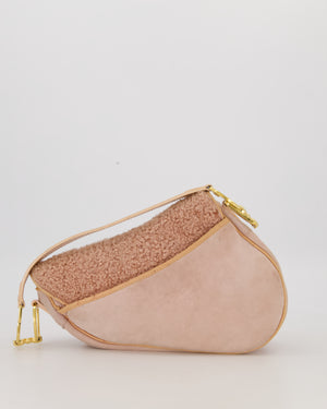 Christian Dior Medium Saddle Bag in Pink Shearling and Ostrich Leather with Gold Hardware and Beige Trim