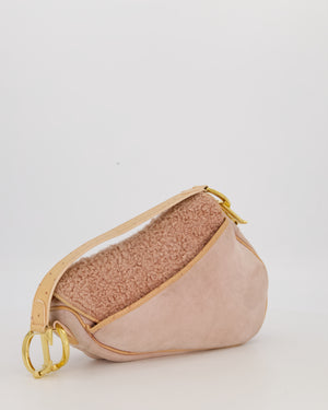 Christian Dior Medium Saddle Bag in Pink Shearling and Ostrich Leather with Gold Hardware and Beige Trim