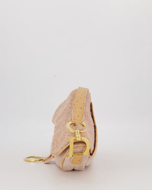 Christian Dior Medium Saddle Bag in Pink Shearling and Ostrich Leather with Gold Hardware and Beige Trim