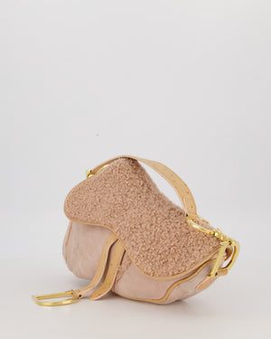 Christian Dior Medium Saddle Bag in Pink Shearling and Ostrich Leather with Gold Hardware and Beige Trim