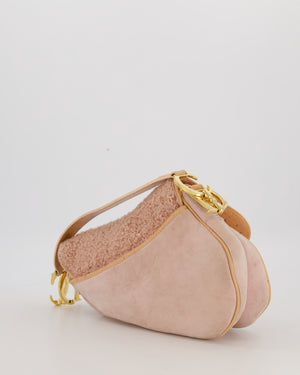 Christian Dior Medium Saddle Bag in Pink Shearling and Ostrich Leather with Gold Hardware and Beige Trim