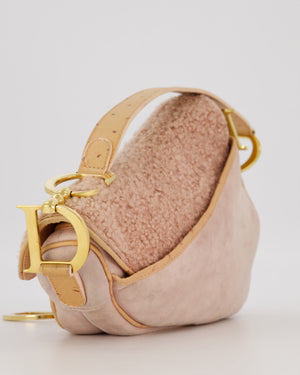 Christian Dior Medium Saddle Bag in Pink Shearling and Ostrich Leather with Gold Hardware and Beige Trim