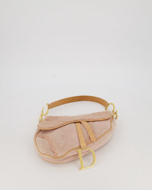 Christian Dior Medium Saddle Bag in Pink Shearling and Ostrich Leather with Gold Hardware and Beige Trim