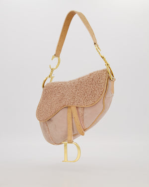 Christian Dior Medium Saddle Bag in Pink Shearling and Ostrich Leather with Gold Hardware and Beige Trim