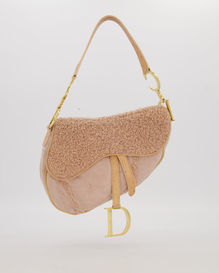 Christian Dior Medium Saddle Bag in Pink Shearling and Ostrich Leather with Gold Hardware and Beige Trim