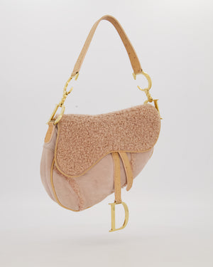 Christian Dior Medium Saddle Bag in Pink Shearling and Ostrich Leather with Gold Hardware and Beige Trim