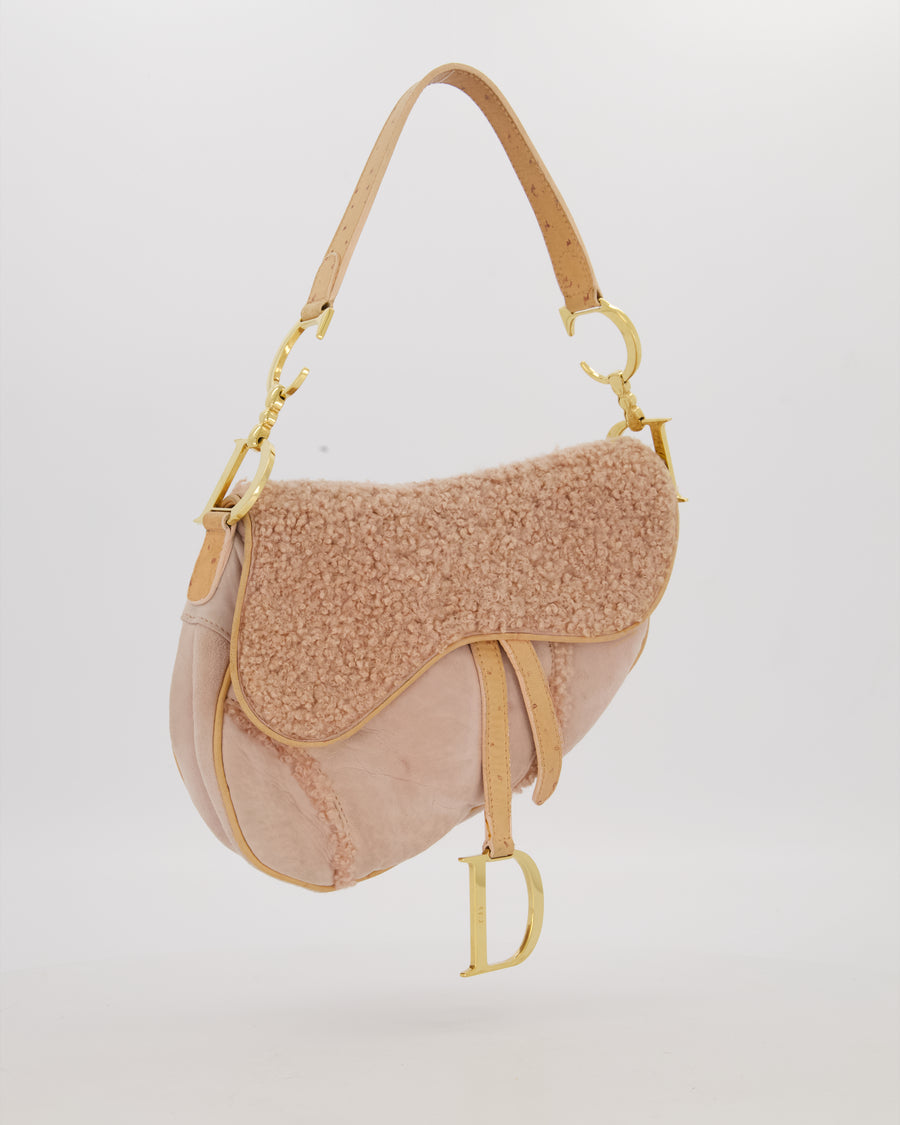 Christian Dior Medium Saddle Bag in Pink Shearling and Ostrich Leather with Gold Hardware and Beige Trim