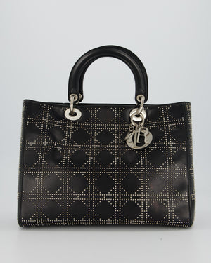 Christian Dior Large Lady Dior Black Studded Bag Lambskin Leather in Silver Hardware