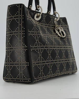 Christian Dior Large Lady Dior Black Studded Bag Lambskin Leather in Silver Hardware