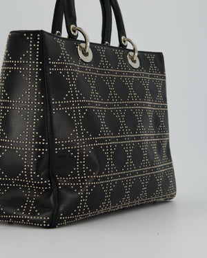 Christian Dior Large Lady Dior Black Studded Bag Lambskin Leather in Silver Hardware