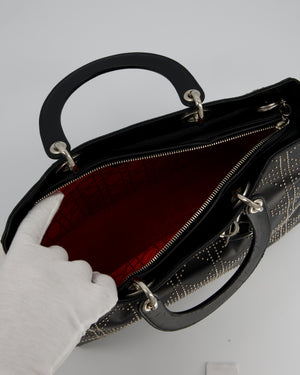 Christian Dior Large Lady Dior Black Studded Bag Lambskin Leather in Silver Hardware