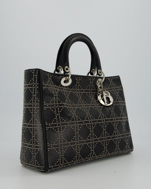 Christian Dior Large Lady Dior Black Studded Bag Lambskin Leather in Silver Hardware
