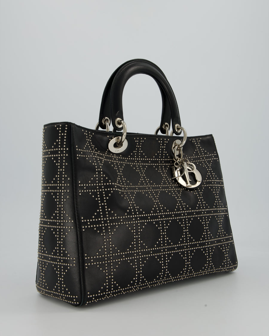 Christian Dior Large Lady Dior Black Studded Bag Lambskin Leather in Silver Hardware