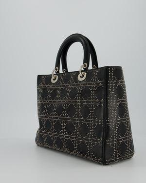 Christian Dior Large Lady Dior Black Studded Bag Lambskin Leather in Silver Hardware