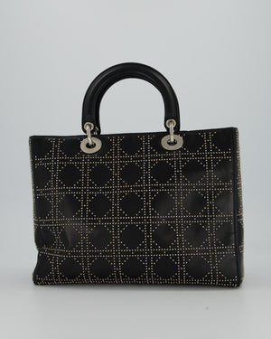Christian Dior Large Lady Dior Black Studded Bag Lambskin Leather in Silver Hardware