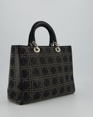 Christian Dior Large Lady Dior Black Studded Bag Lambskin Leather in Silver Hardware